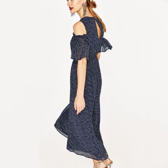 Zara Pants Jumpsuits Zara Polka Dot Smocked Cold Shoulder Jumpsuit Poshmark